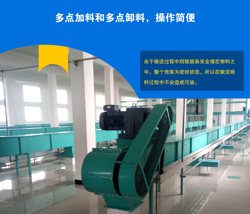 埋刮板輸送機(jī)可多點(diǎn)加料、卸料，輸送距離長(zhǎng)